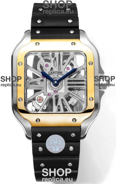 Santos De Cartier Watch in Skeleton Dial - Two Tone Bezel in Rubber Strap 