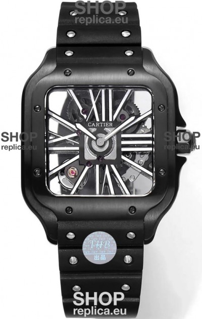 Santos De Cartier Watch in Skeleton Dial - DLC Coated Casing & Bezel in Rubber Strap
