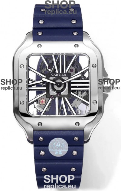 Santos De Cartier Watch in Skeleton Dial - Stainless Steel Casing Blue Rubber Strap