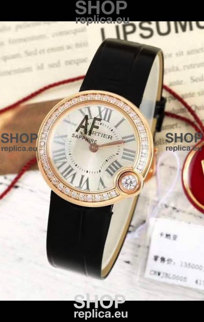 Ballon Blanc De Cartier Swiss Quartz Replica Watch Diamonds Bezel Rose Gold Casing Leather Strap 