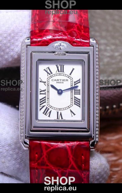 Cartier Tank Reversible Swiss Quartz Replica Watch in Steel Casing - Red Strap