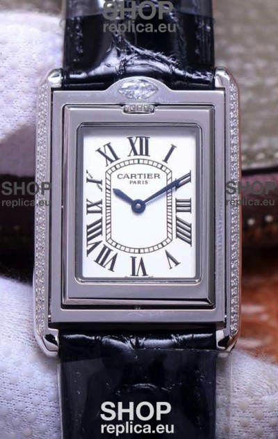 Cartier Tank Reversible Swiss Quartz Replica Watch in Steel Casing - Black Strap