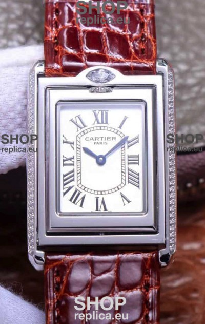 Cartier Tank Reversible Swiss Quartz Replica Watch in Steel Casing - Brown Strap