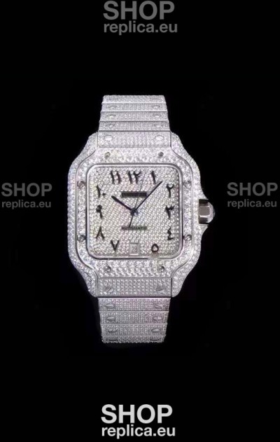 Santos De Cartier Swiss Replica Watch with Diamonds Embedded Dial in Steel Casing 40MM