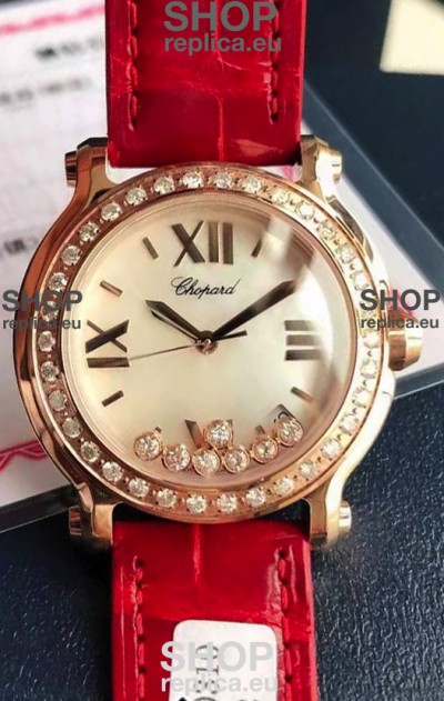Chopard Happy Rose Gold Swiss Quartz Watch 1:1 Mirror Replica - Genuine Diamonds 
