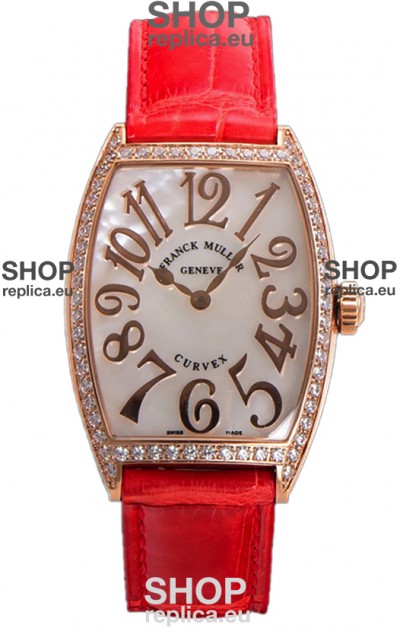 Franck Muller Cintree Curvex Mother of Pearl Dial Watch in Rose Gold Plating - Red Strap 