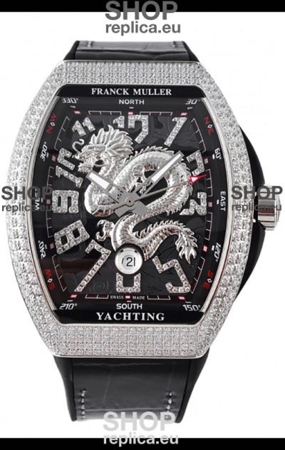 Franck Muller Vanguard Yachting Dragon V45 Black Dial in Diamonds Bezel Swiss Replica