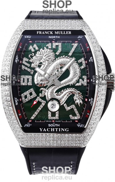 Franck Muller Vanguard Yachting Dragon V45 Green Dial in Diamonds Bezel Swiss Replica
