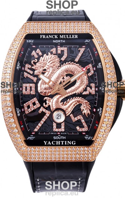 Franck Muller Vanguard Yachting Dragon V45 Black Dial in Gold Diamonds Bezel Swiss Replica