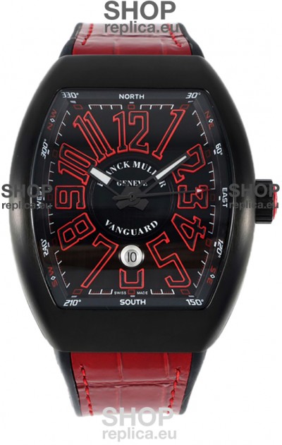 Franck Muller Vanguard in DLC Coated Casing Black Dial Swiss Replica Red Strap 