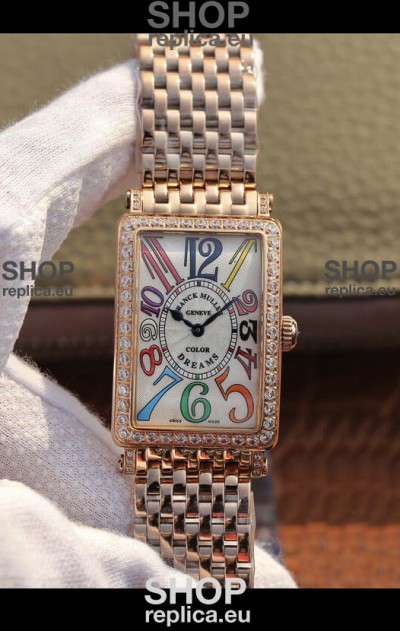 Franck Muller Long Island Pink Gold Swiss Watch in Swiss Quartz Movement Diamonds Bezel