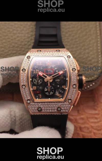 Richard Mille RM011 Felipe Massa 1:1 Mirror Quality One Piece Black Ceramic Rose Gold Diamonds Watch 