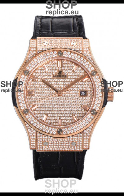 Hublot Classic Fusion Automatic Rose Gold Diamonds Paved Dial Black Strap 42MM Superclone Replica Watch 
