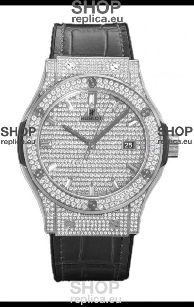 Hublot Classic Fusion Automatic Steel Diamonds Paved Dial Grey Strap 42MM Superclone Replica Watch 