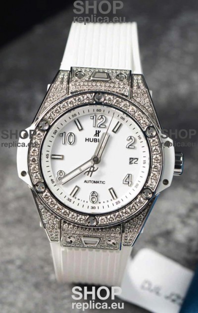 Hublot Big Bang One Click Mossanites Paved Casing Swiss Replica Watch White Dial