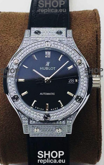 Hublot Classic Fusion Diamonds Steel Black Dial 38MM Swiss Replica Watch 1:1 Mirror Quality