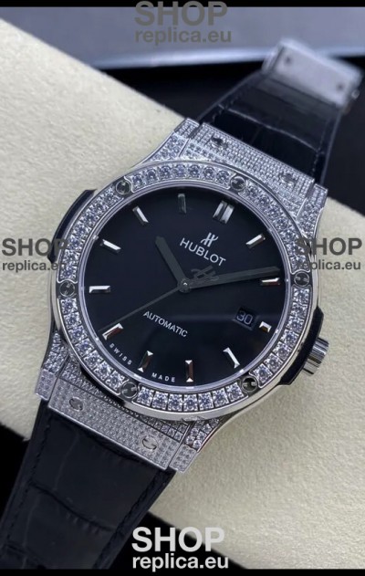 Hublot Classic Fusion Stainless Steel Diamonds Black Dial Swiss Replica Watch 1:1 Mirror Quality