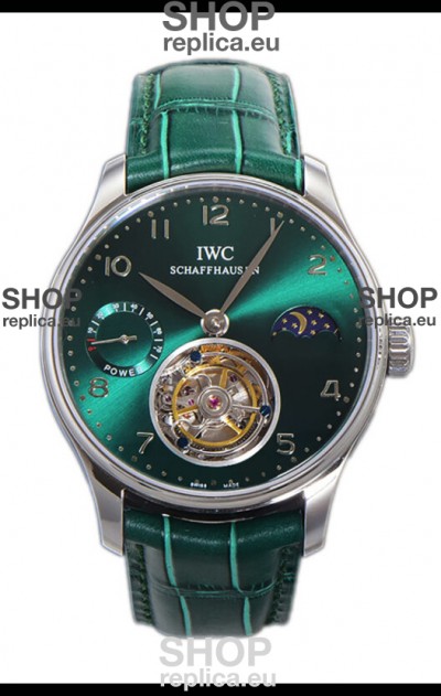IWC Portugese Hand-Wound Genuine Tourbillon Green Dial Steel Casing Swiss Replica Watch 