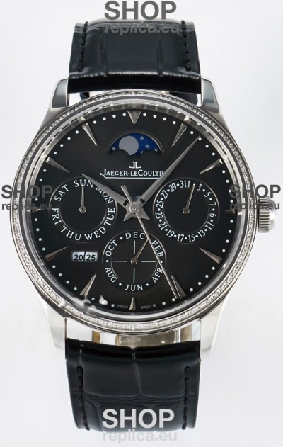 Jaeger LeCoultre Super Clone Master Ultra-Thin Perpetual Calendar Grey Dial Diamonds Watch