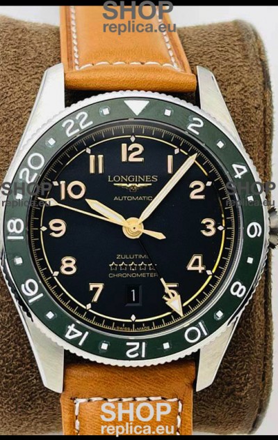 Longines Spirit ZULU Time 1:1 Mirror Replica Watch in 904L Steel Casing - Swiss L844.4 Automatic Movement Brown Strap