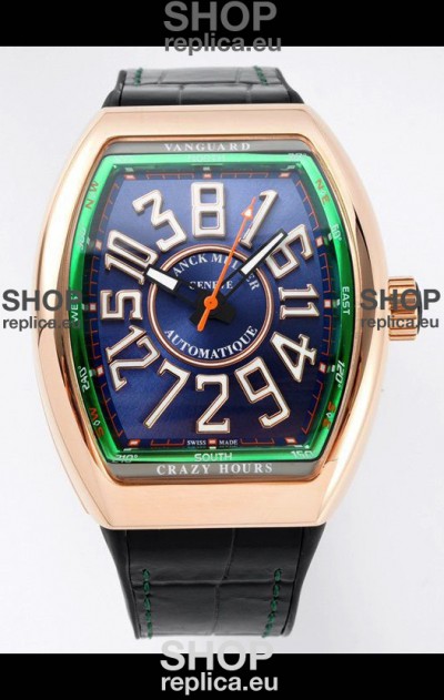 Franck Muller Vanguard Crazy Hours in Rose Gold Plating - Steel Blue Dial Swiss Replica Watch 