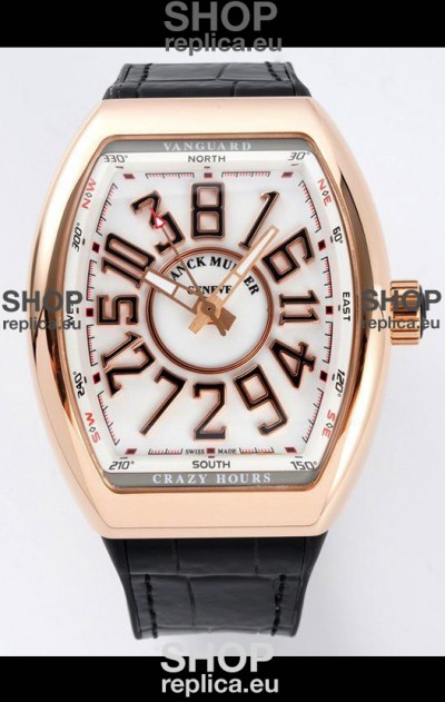Franck Muller Vanguard Crazy Hours in Rose Gold Plating - White Dial Swiss Replica Watch 