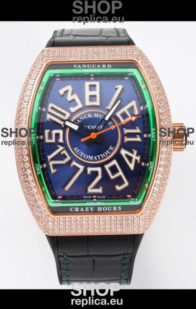 Franck Muller Vanguard Crazy Hours Rose Gold Diamonds - Steel Blue Dial Swiss Replica Watch 