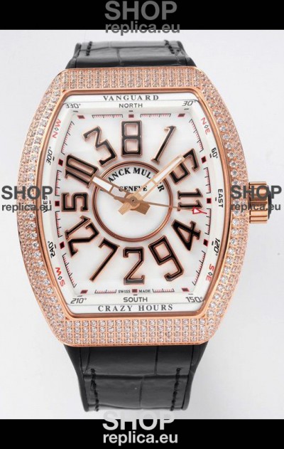 Franck Muller Vanguard Crazy Hours Rose Gold Diamonds - White Dial Swiss Replica Watch 