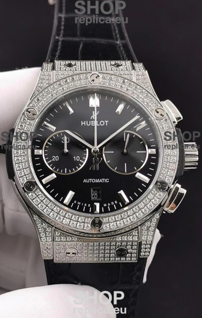 Hublot Classic Fusion Chronograph Steel Diamonds Casing Black Dial 1:1 Mirror Replica Watch 
