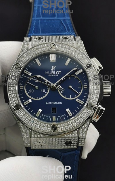 Hublot Classic Fusion Chronograph Steel Diamonds Casing Blue Dial 1:1 Mirror Replica Watch 