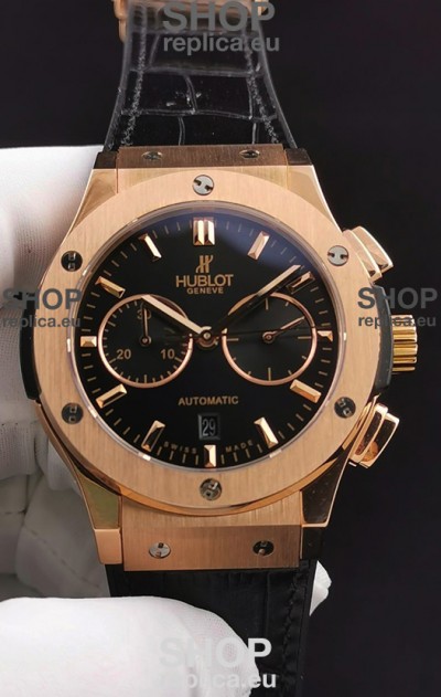 Hublot Classic Fusion Chronograph Rose Gold Casing Black Dial 1:1 Mirror Replica Watch 