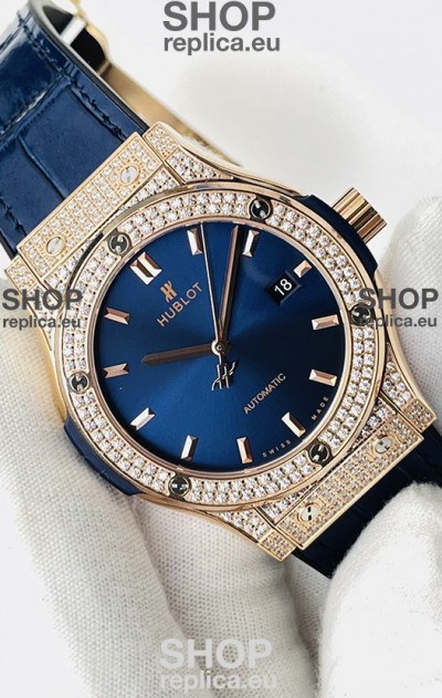Hublot Classic Fusion Diamonds Rose Gold Steel Blue Dial Swiss Replica Watch 1:1 Mirror Quality 