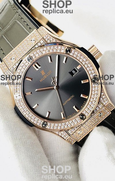 Hublot Classic Fusion Diamonds Rose Gold Grey Dial Swiss Replica Watch 1:1 Mirror Quality 