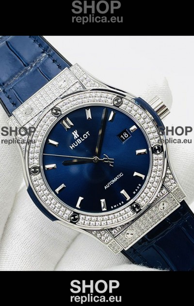 Hublot Classic Fusion Stainless Steel Diamonds Blue Dial Swiss Replica Watch 1:1 Mirror Quality 