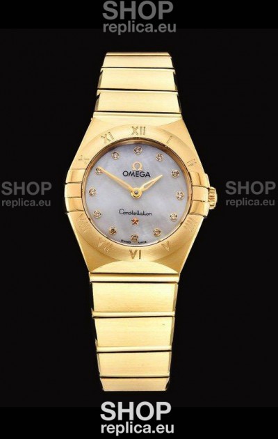 Omega Constellation Ladies Swiss Quartz 1:1 Mirror Replica - Yellow Gold Casing White Pearl Dial