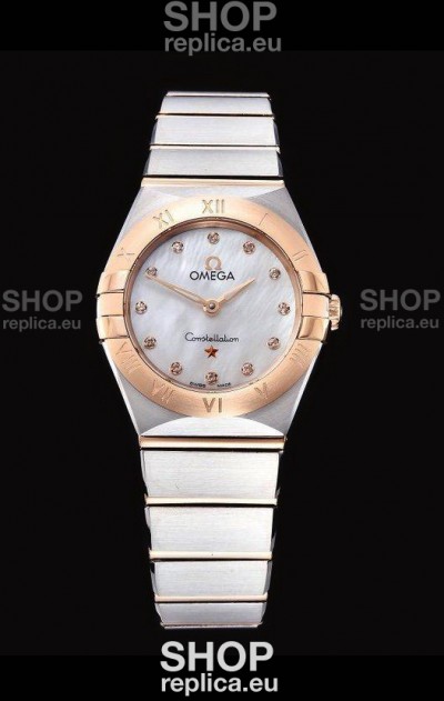 Omega Constellation Ladies Swiss Quartz 1:1 Mirror Replica - Two Tone Casing in White Pearl Dial
