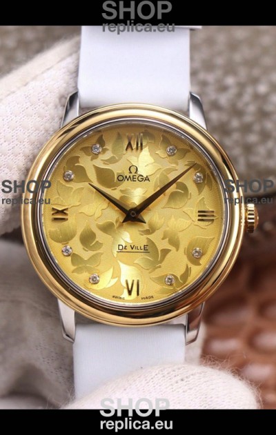 Omega De Ville Floral Dial Swiss Quartz Movement in Two Tone Casing - Gold Dial