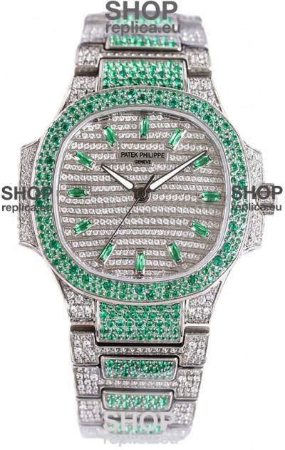 Patek Philippe Nautilus 7118R 35MM 1:1 Green Diamonds Paved Watch in Steel Casing 