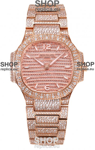 Patek Philippe Nautilus 7118R 35MM 1:1 Diamonds Paved Watch in Rose Gold Casing