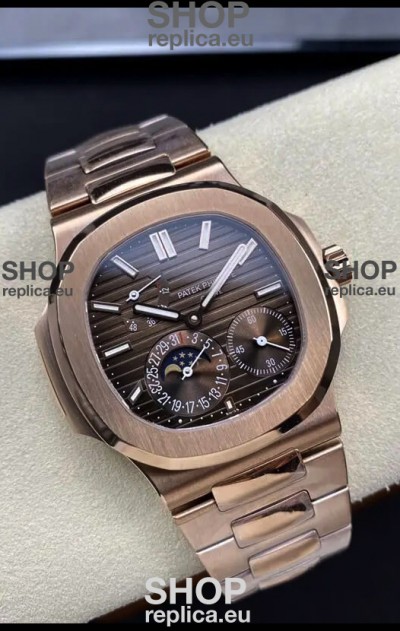Patek Philippe Nautilus 5712/R 1:1 Quality Swiss Replica Watch in Brown Dial Rose Gold Strap
