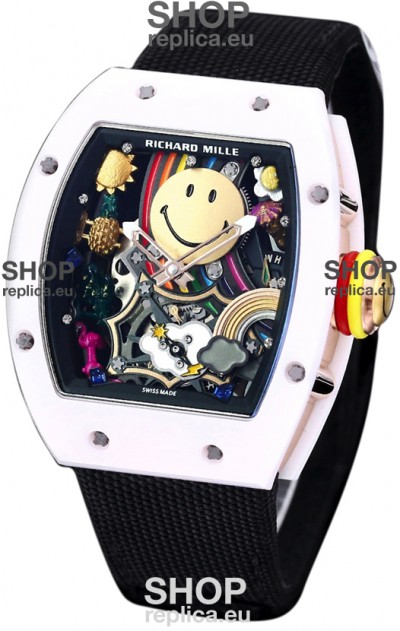 Richard Mille RM088 Smiley Tourbillon White Ceramic Casing Black Nylon Strap Replica Watch 