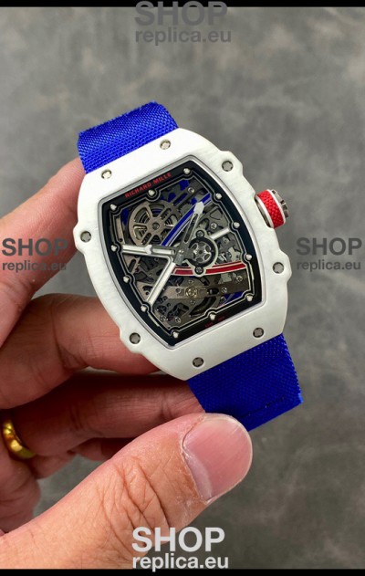 Richard Mille Super Clone RM67-02 Alexis Pinturault White Quartz TPT 37 Grams Watch Blue Strap