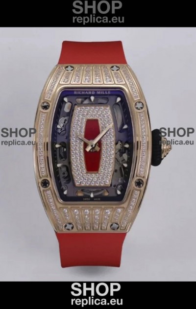 Richard Mille Super Clone RM07-01 Diamonds Paved 904L Rose Gold Casing Automatic Replica Watch