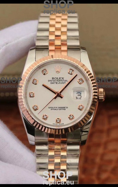 Rolex Datejust 36MM Cal.3135 Movement Swiss Replica Watch in 904L Steel Two Tone Casing White Dial