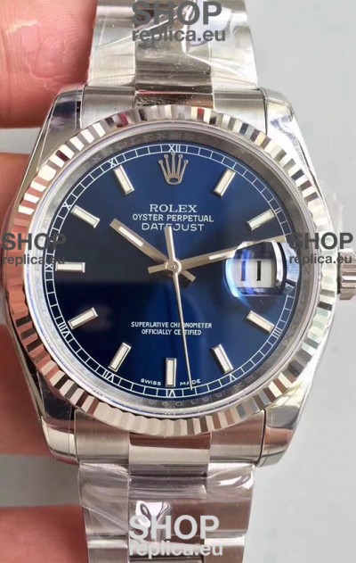 Rolex Datejust 36MM Cal.3135 Movement Swiss Replica Watch in 904L Steel Casing in Blue Dial