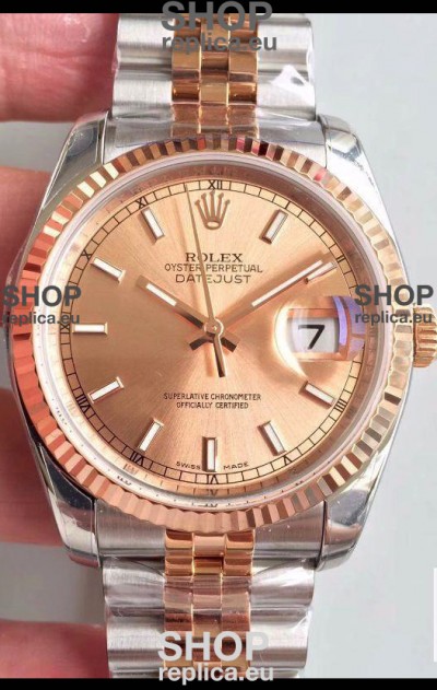 Rolex Datejust 36MM Cal.3135 Movement Swiss Replica Watch in 904L Steel Two Tone Casing Gold Dial