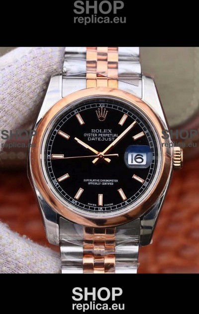 Rolex Datejust 36MM Cal.3135 Movement Swiss Replica Watch in 904L Steel Two Tone Casing Black Dial