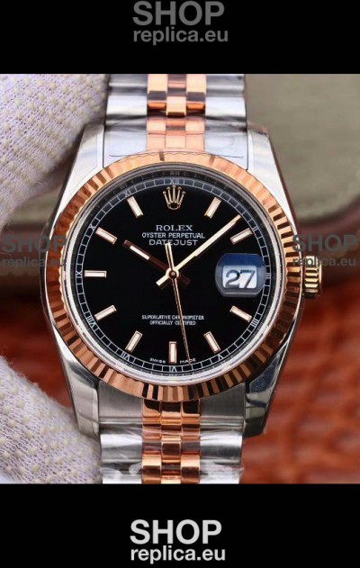 Rolex Datejust 36MM Cal.3135 Movement Swiss Replica Watch in 904L Steel Two Tone Casing Black Dial