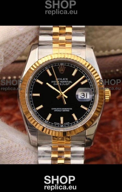 Rolex Datejust 36MM Cal.3135 Movement Swiss Replica Watch in 904L Steel Two Tone Casing Black Dial