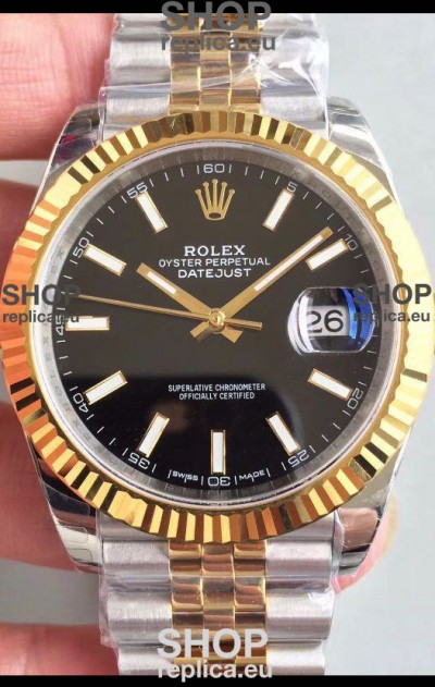 Rolex Datejust 41MM Cal.3135 Movement Swiss Replica Watch in 904L Steel Two Tone Black Dial